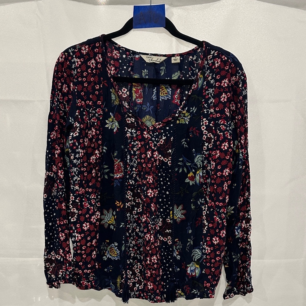 AFF Floral V-Neck Blouse - Navy and Red